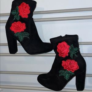 Rose Embroidered Black Suede Booties (Size 5.5)